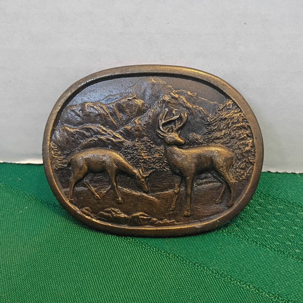 Indiana Metal Craft Oval Western Deer Buck Mountain Scene Belt Buckle Bronze E97